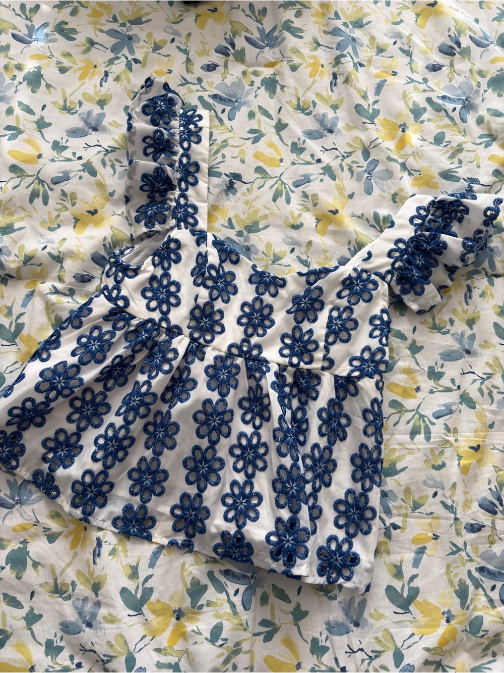 SHEIN White Top with Blue Floral Eyelet Embroidery